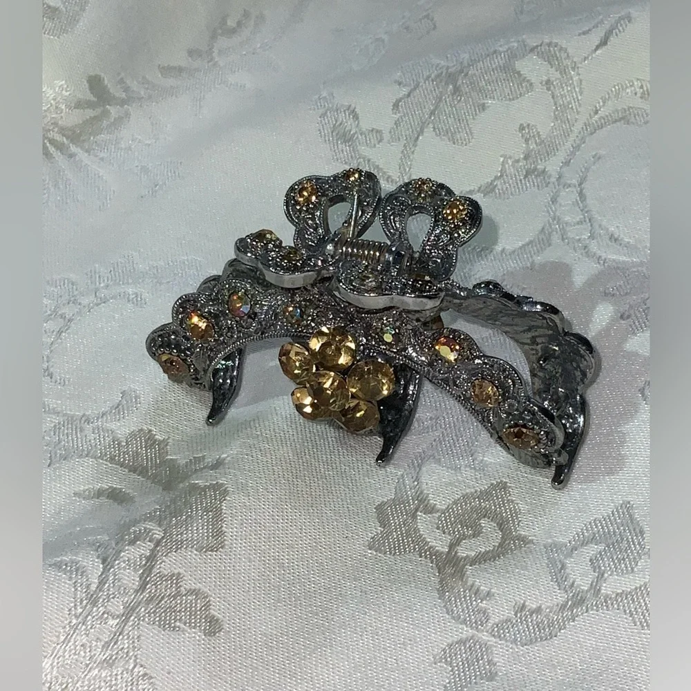 Silver Ornate Golden Yellow Bejeweled Heavy Spring Sparkly 3” Hair Clip
